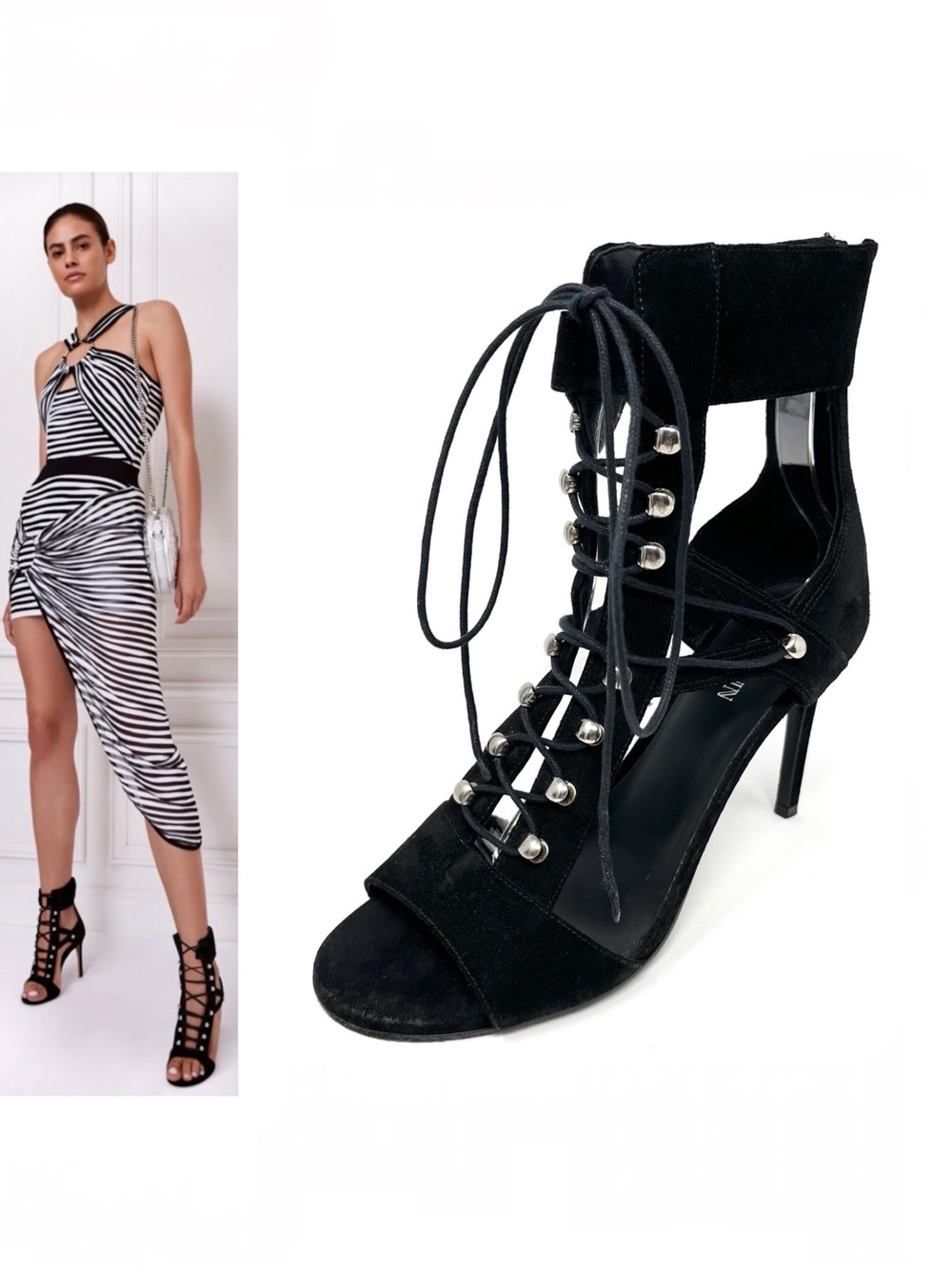 Balmain Jody Black Suede Leather Caged Lace Up Gladiator Booties Heels 37.5 7.5